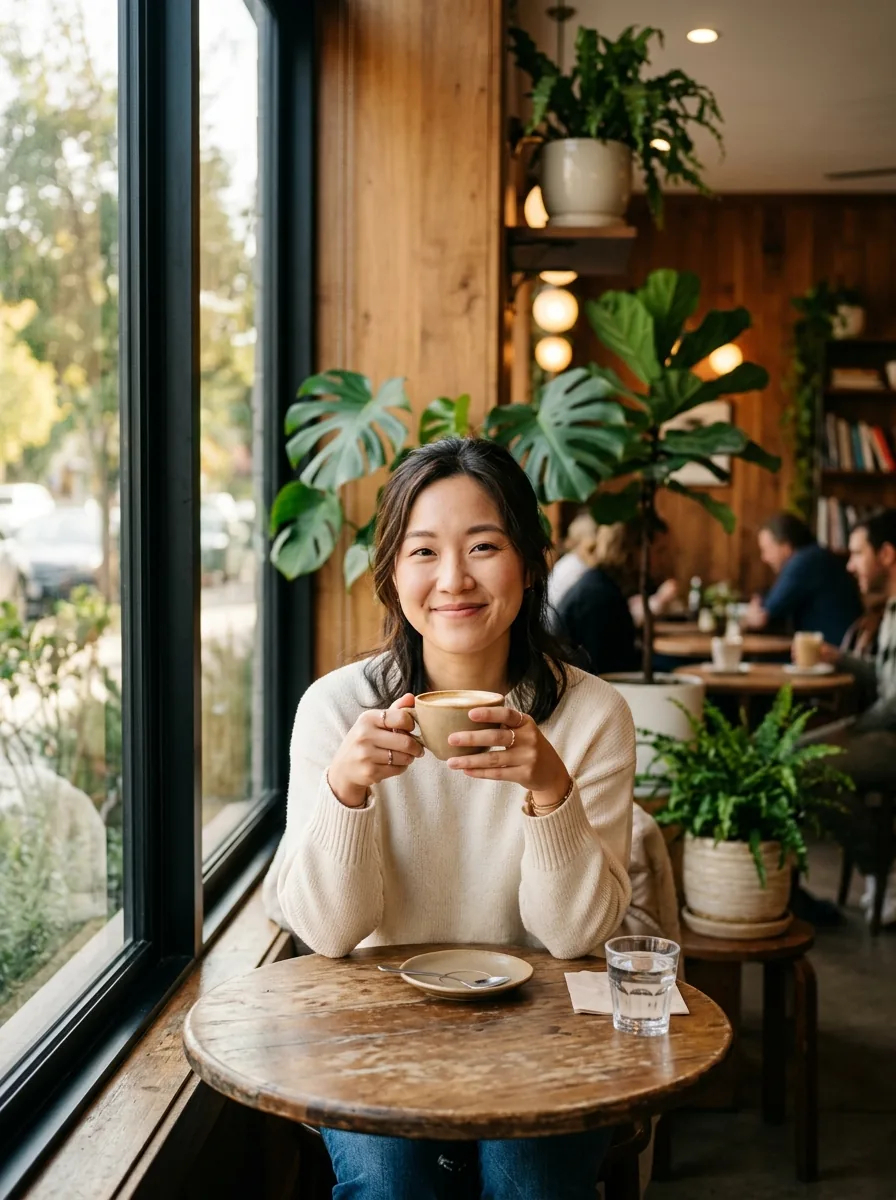 A person seated in a cafe, seen through the AuraCam camera during a scan