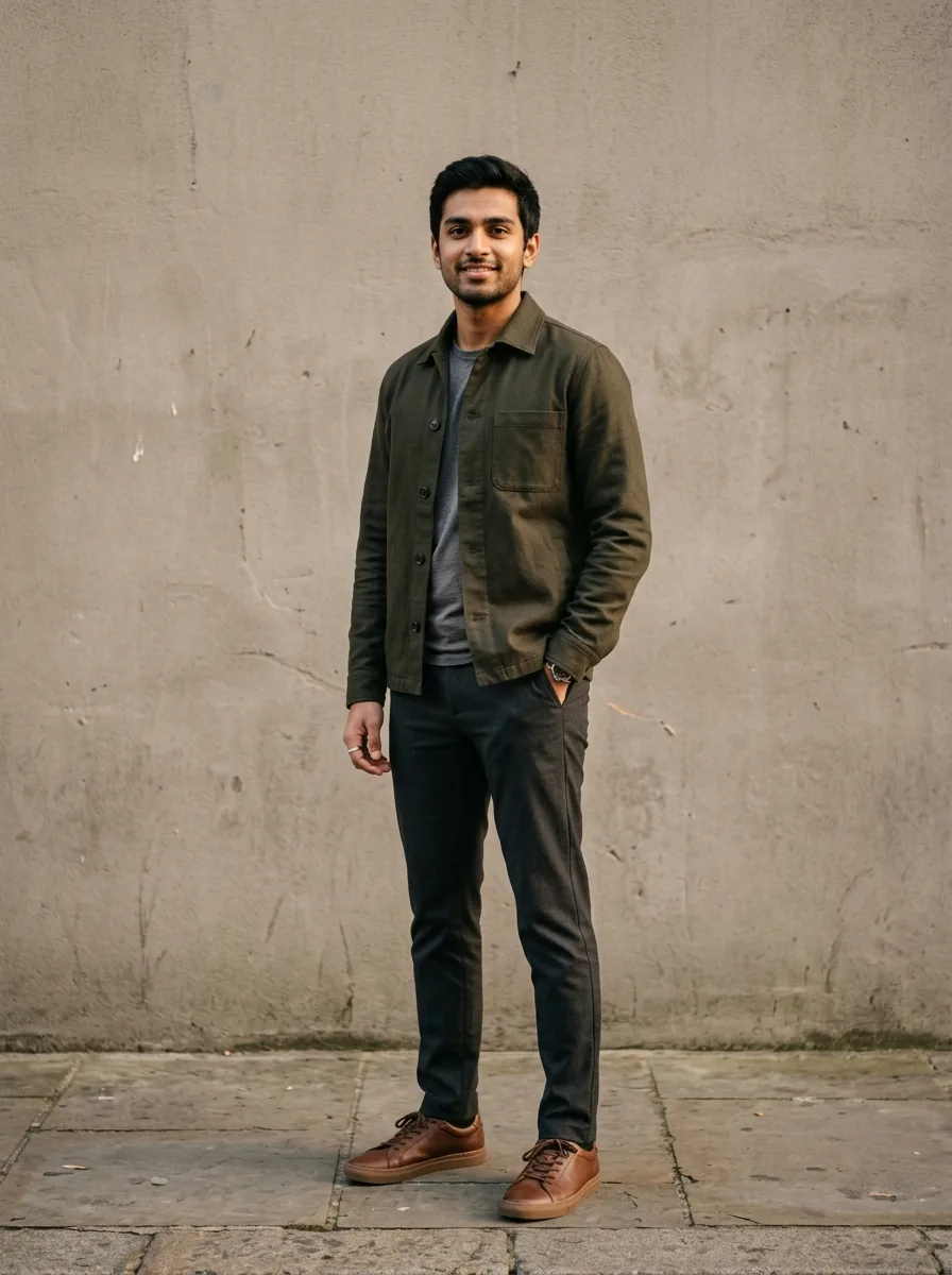 A person on a city street with AuraCam's gold pose outline over them